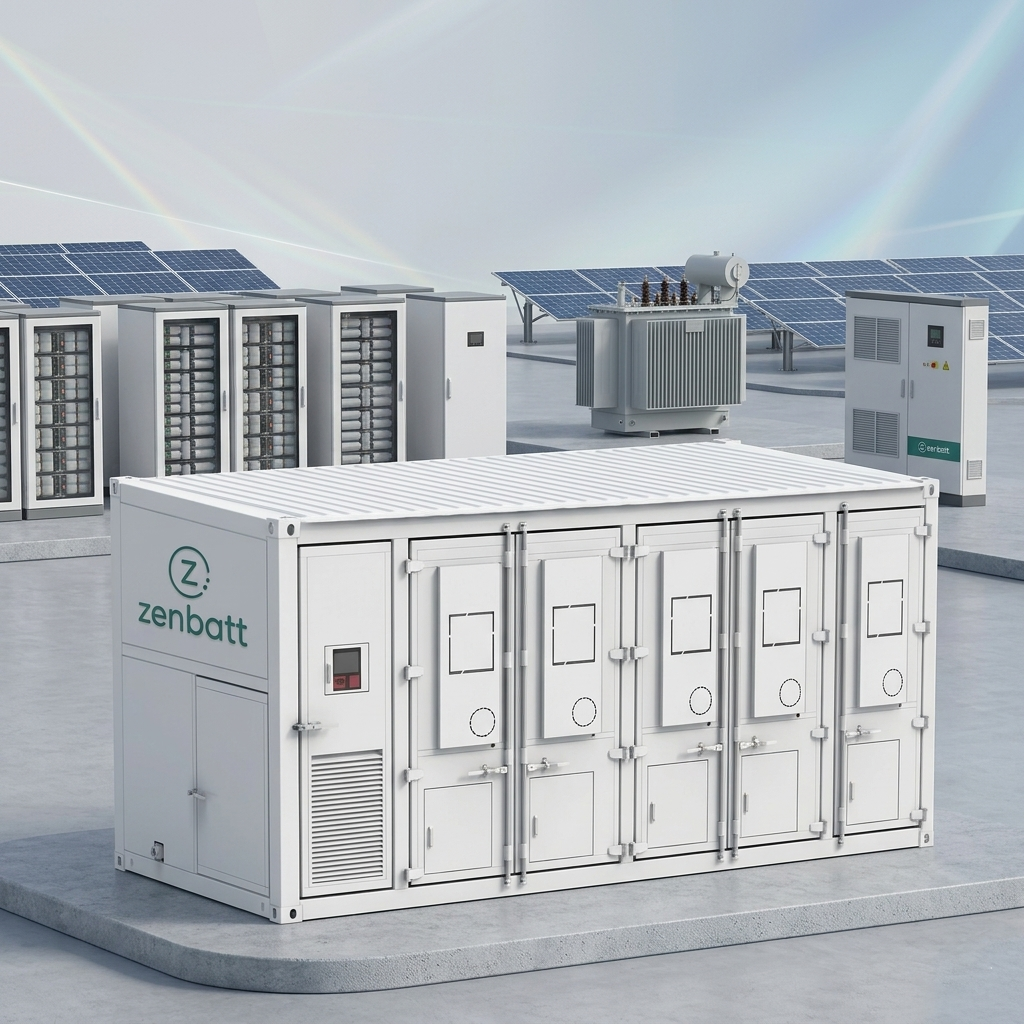 Zenbatt 20ft Containerized Battery Energy Storage System with DC PV Coupling and 2701kWh Capacity.