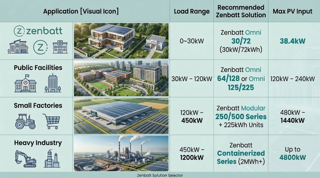 Comparison table of Zenbatt Commercial and Industrial (C&I) energy storage solutions including Omni series and containerized ESS for villas, schools, factories, and heavy industry.